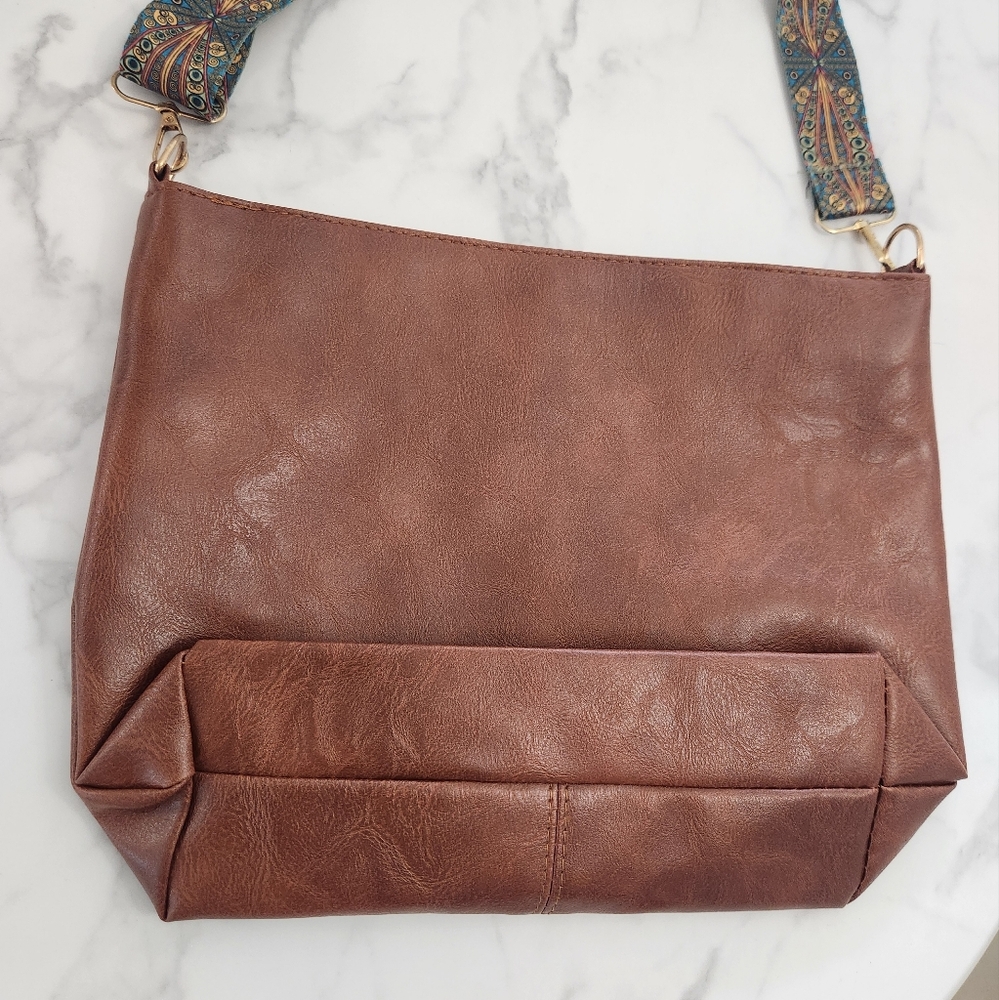 Unisex Dark Brown Tote Bag With Patterned Boho Strap - Picture 5 of 13